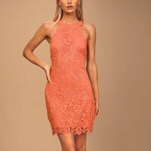 Lulu’s Peach Coral Lace Crocheted Mini Halter Dress Size XS